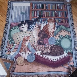 Vintage Tapestry Woven Cotton Cat Throw With Fringe - Multi O/S